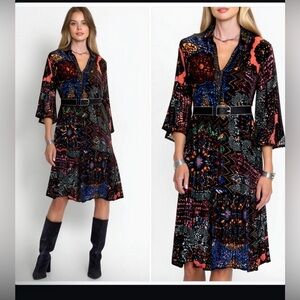 Johnny Was Nash Dress in Nava Burnout 3/4 Sleeve Midi Size Silk Blend Bohemian